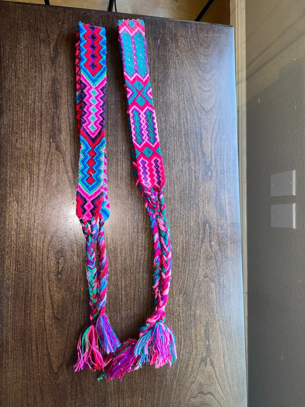 2 hand-woven Mexican belts vibrant geometric patterns